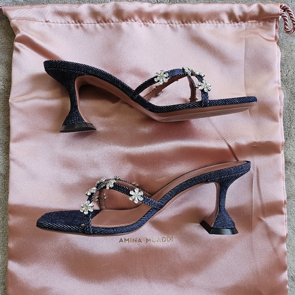 Amina Muaddi Lily Denim Slipper/Heel 70 mm, Flower crystals, Size 37.5